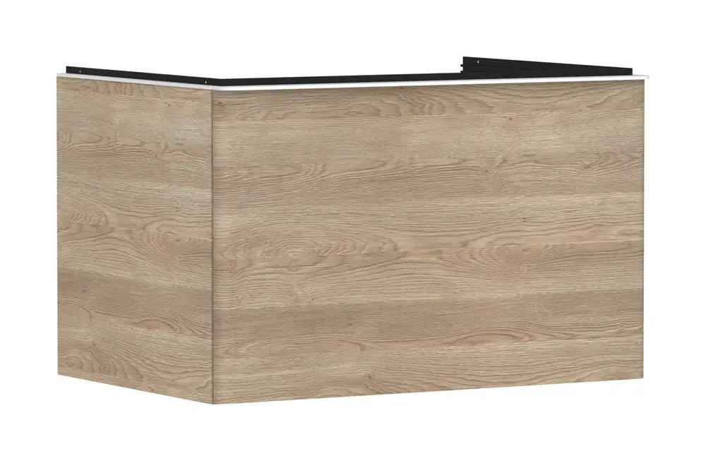 Holzfarbener Waschtischunterschrank von Hansgrohe mit einer Schublade, geeignet für einen Aufsatzwaschtisch, einfache Kanten und geschliffene Oberfläche.